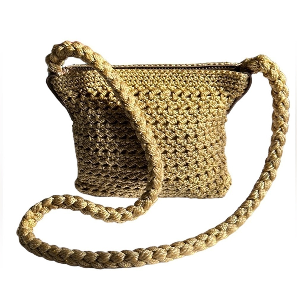 Luxy Metallic Hand Crocheted Shoulder Bag with Metallic Trim and Braided Strap